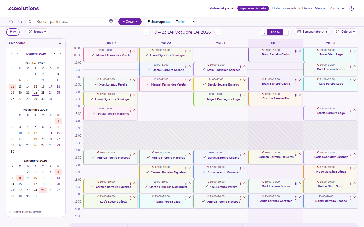Agenda semanal de la aplicación con citas de ejemplo