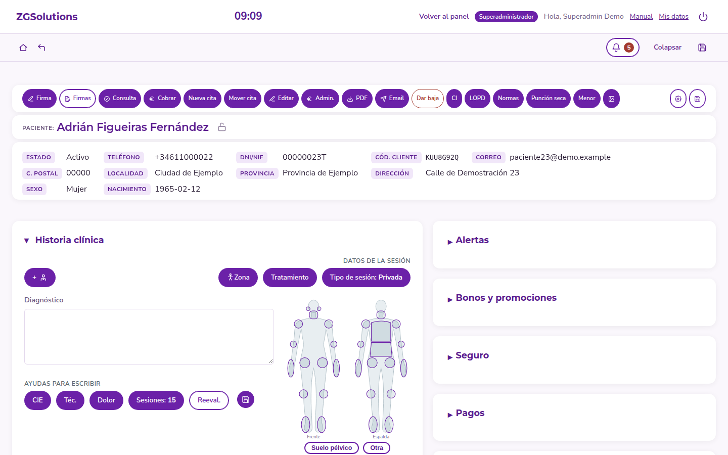 Ficha de un paciente inventado con historia clínica y mapa del cuerpo